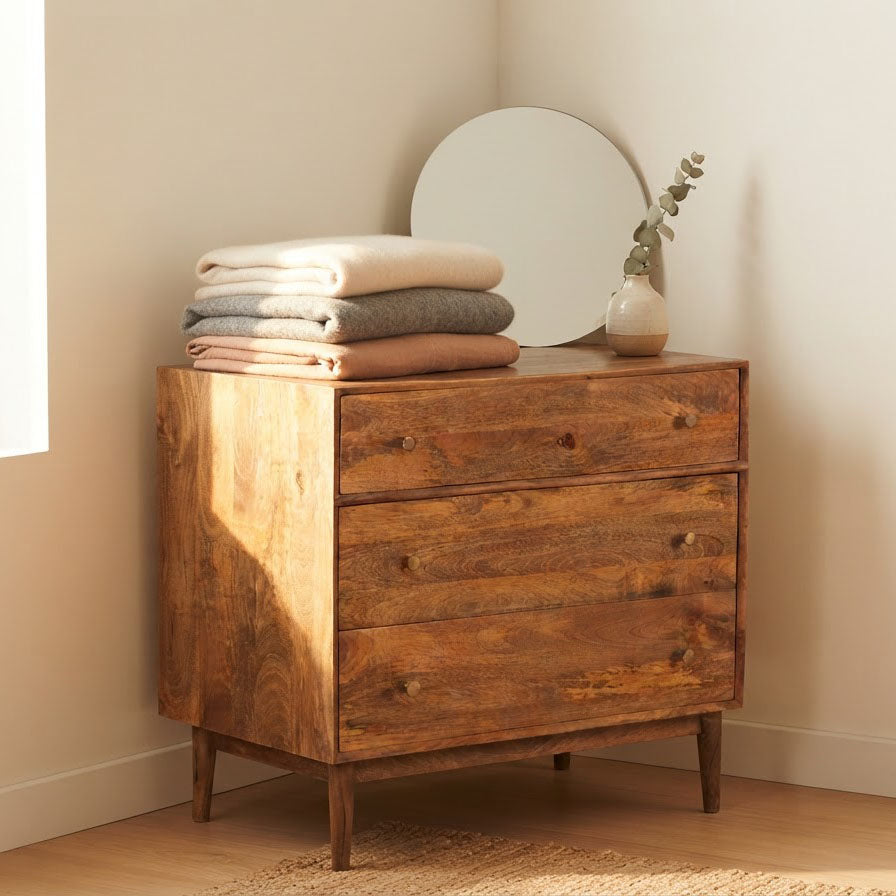 Mid Century Mango Wood 3 Drawer Chest Cognac