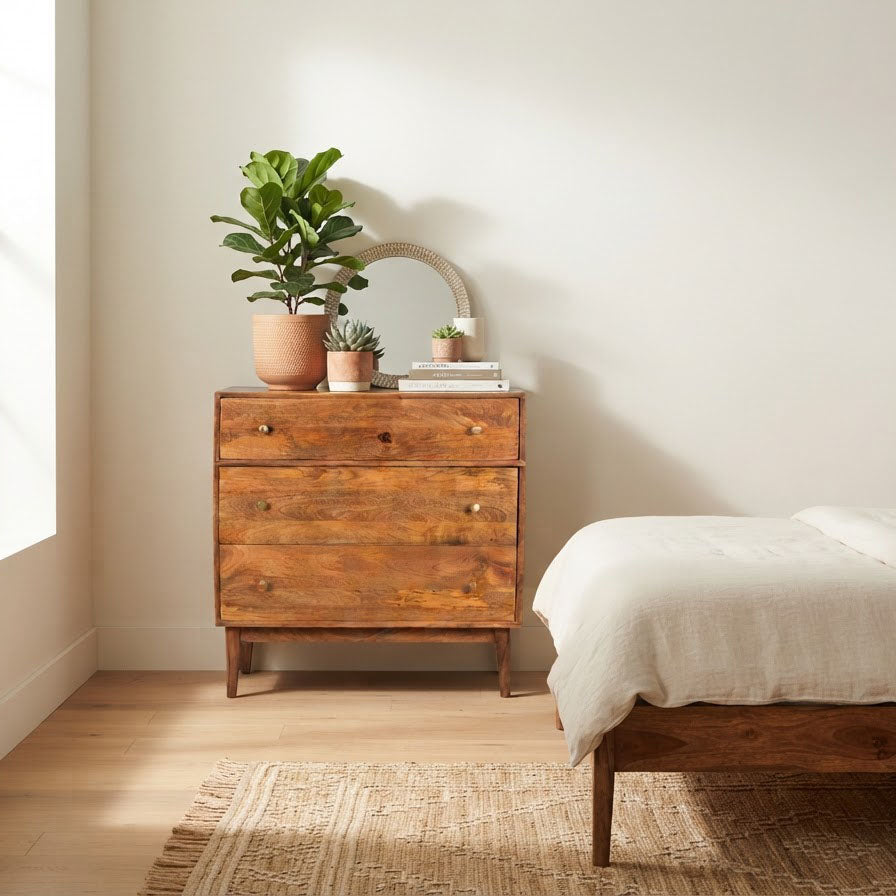Mid Century Mango Wood 3 Drawer Chest Cognac