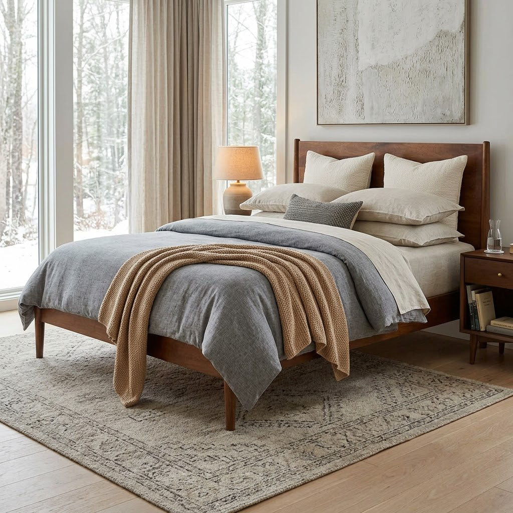Mid Century Mango Wood Queen Bed - Cognac