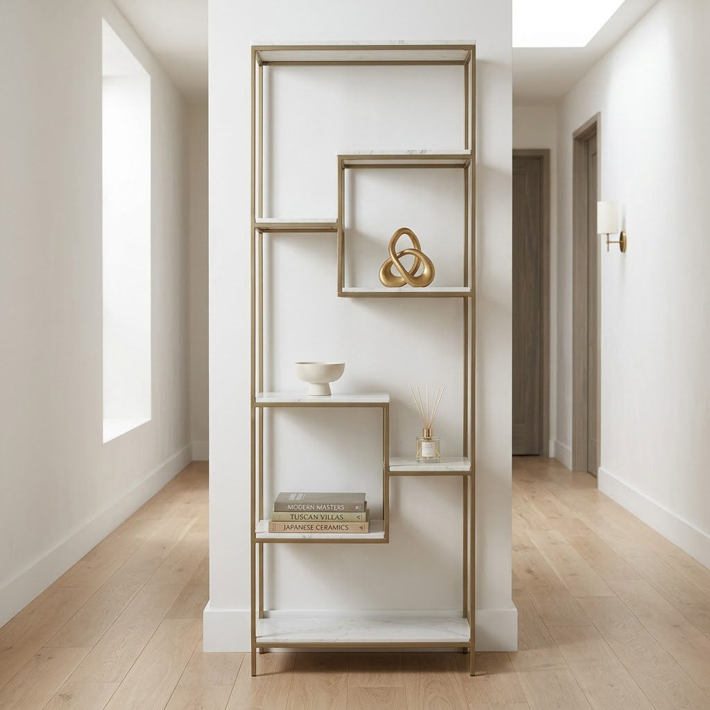 Modern Bookcase Marble Shelf - Gold Iron / White
