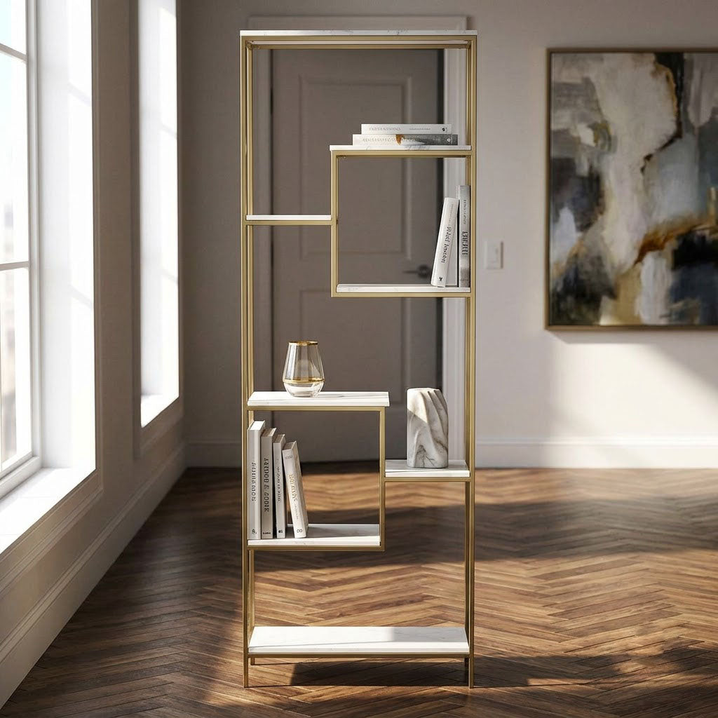 Modern Bookcase Marble Shelf - Gold Iron / White