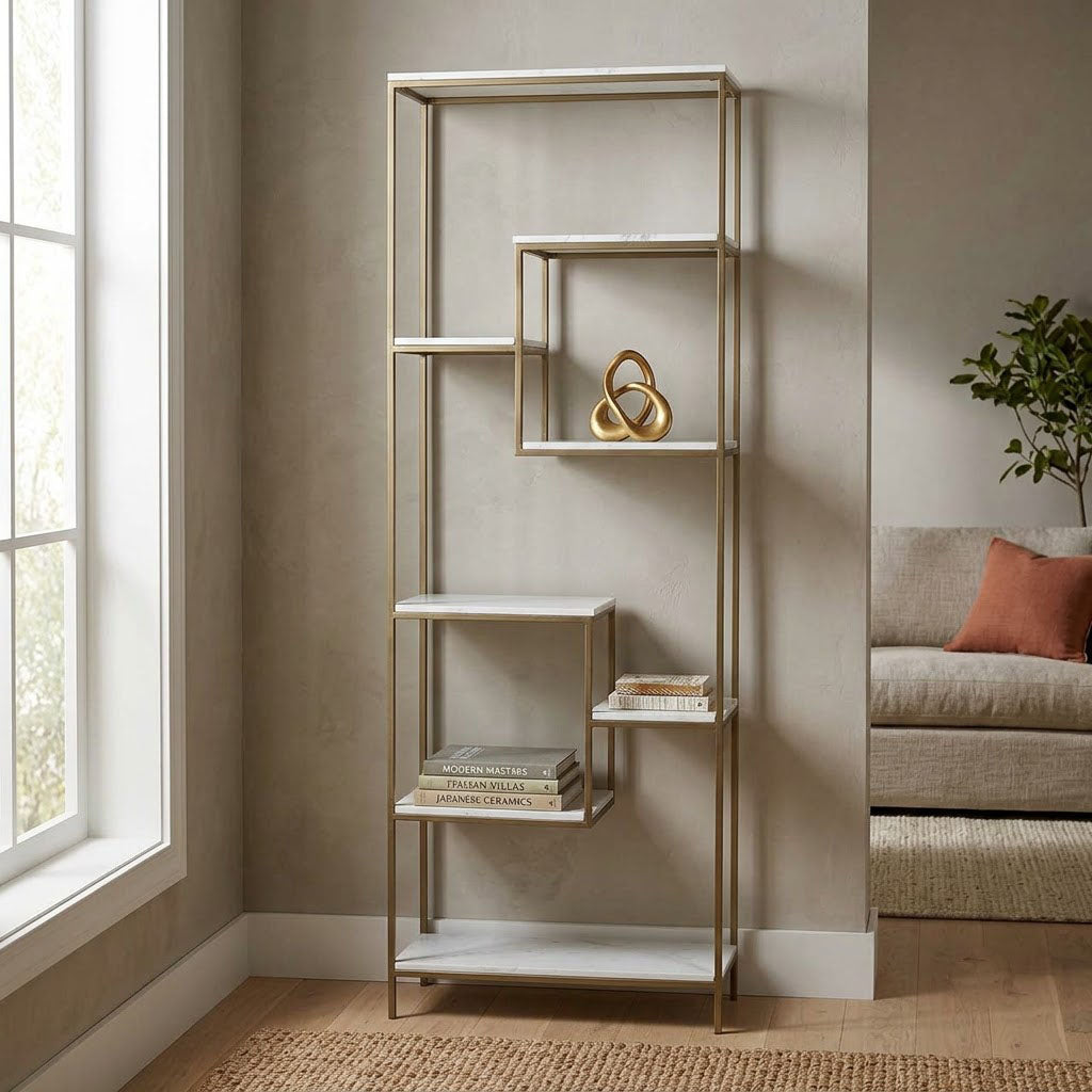 Modern Bookcase Marble Shelf - Gold Iron / White
