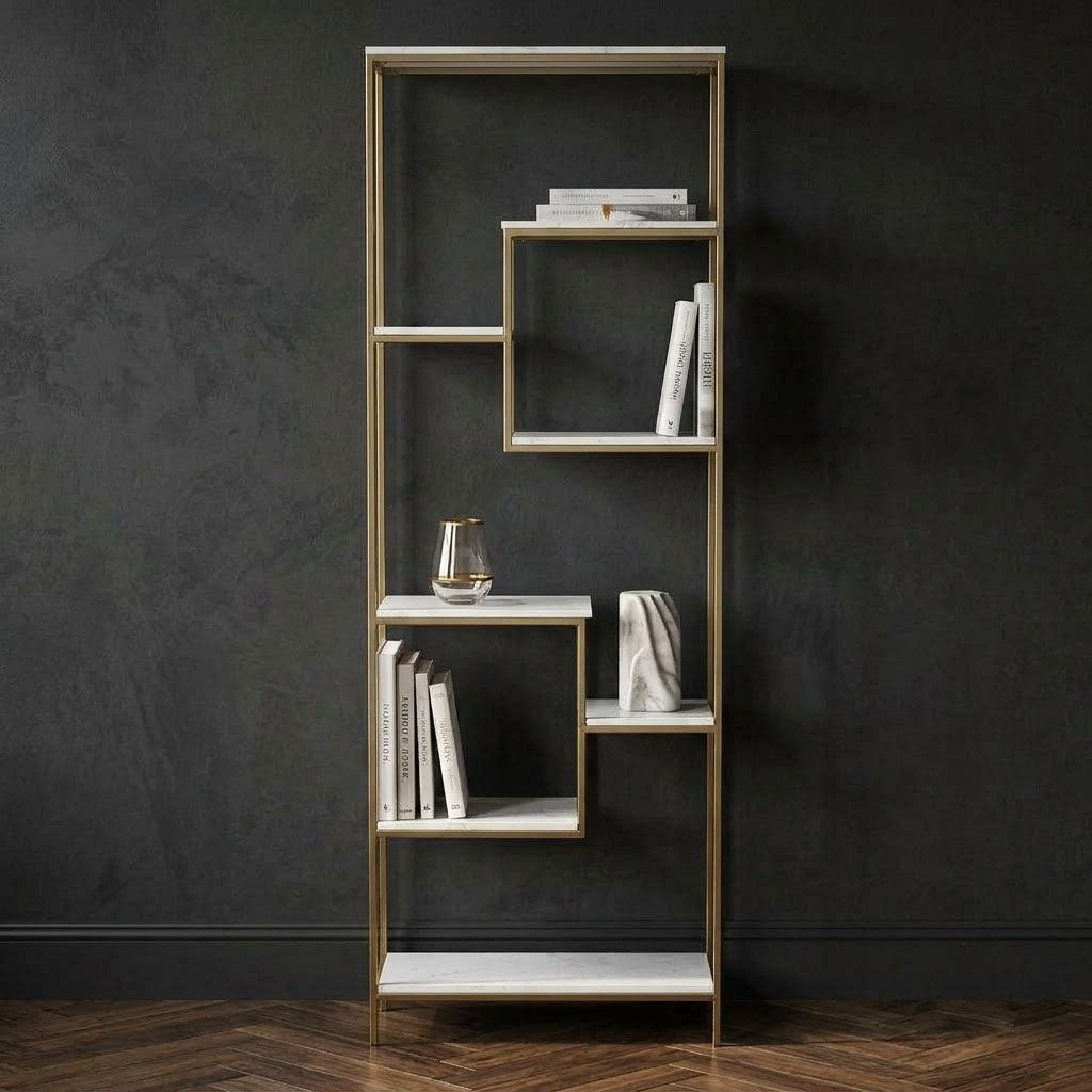 Modern Bookcase Marble Shelf - Gold Iron / White