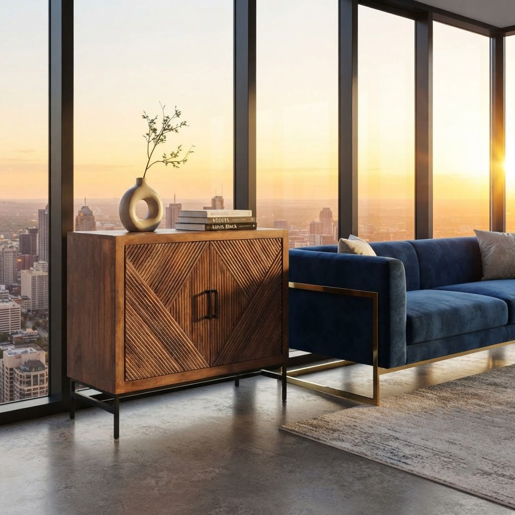 Nolan Mango Wood Metal Stand 2 Door Cabinet