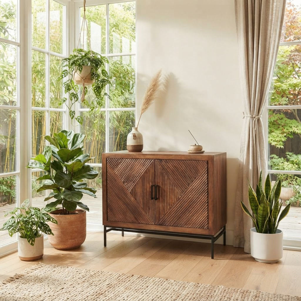Nolan Mango Wood Metal Stand 2 Door Cabinet