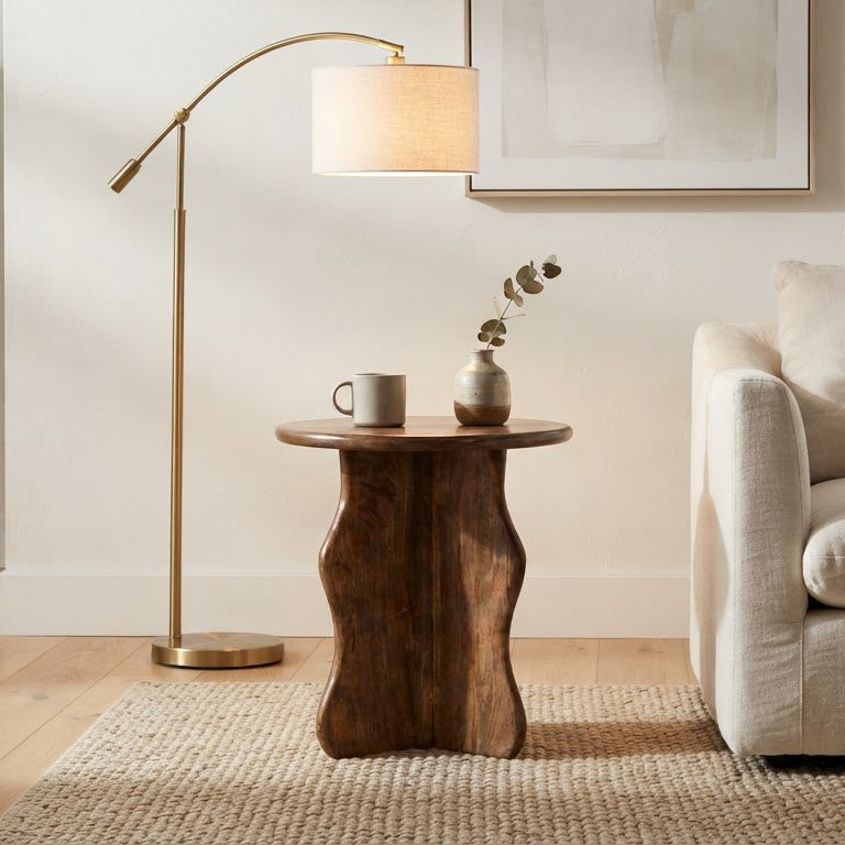 Ondine Mango Wood Round Side Table - Walnut