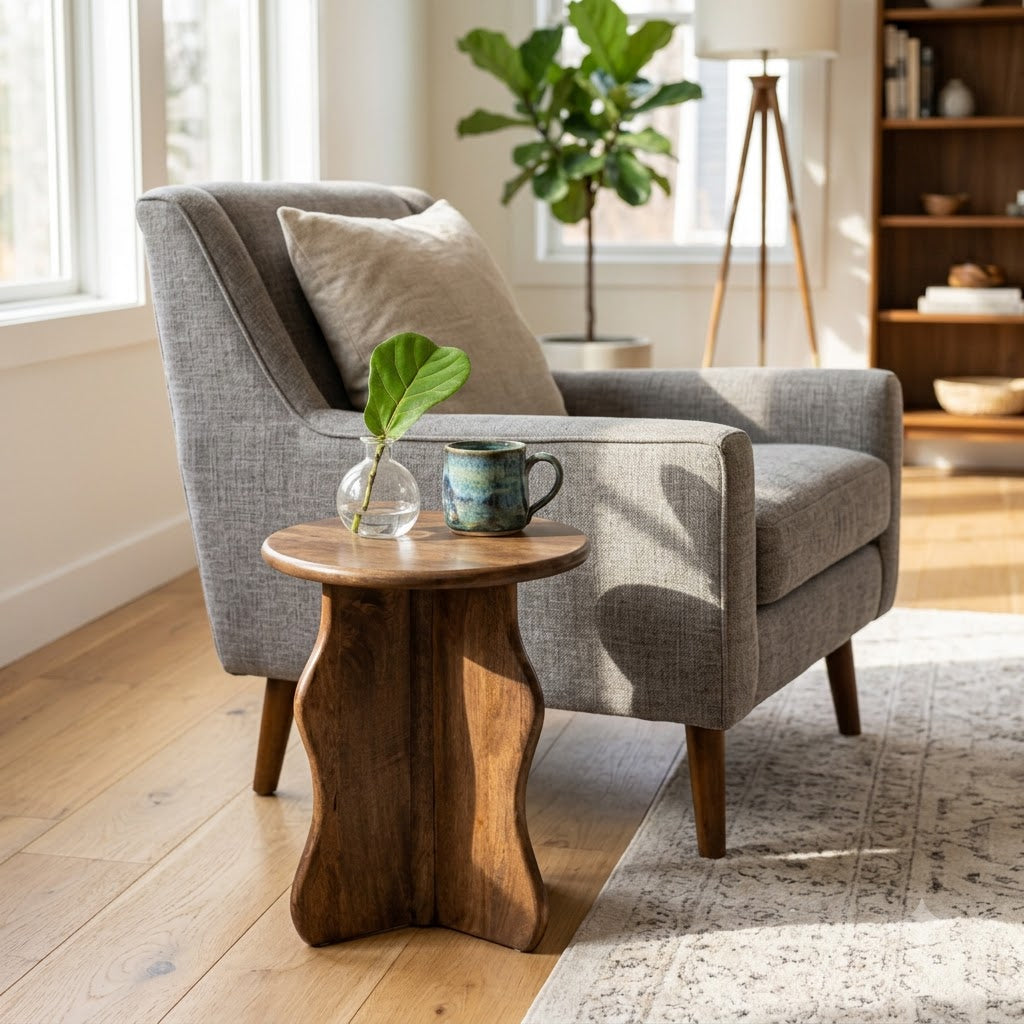 Ondine Mango Wood Round Side Table - Walnut