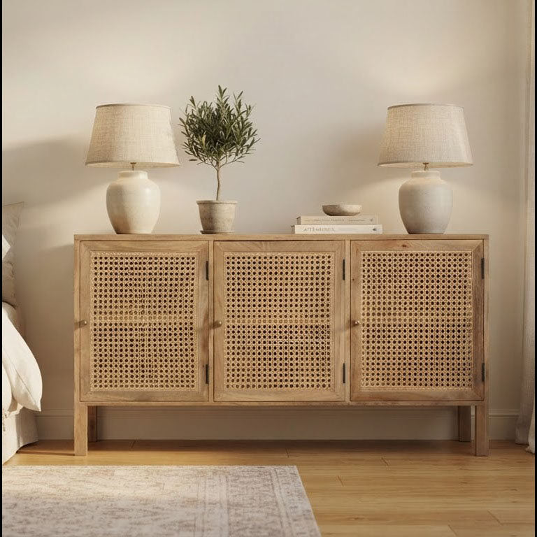 Pacifica Mango Wood Weaved Cane 3 Door Cabinet - Natural