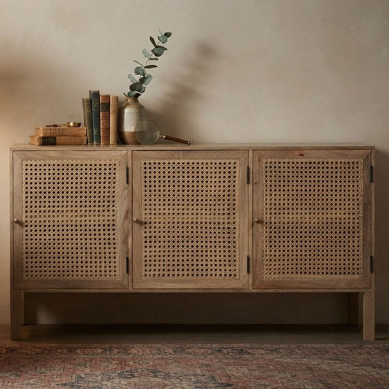 Pacifica Mango Wood Weaved Cane 3 Door Cabinet - Natural