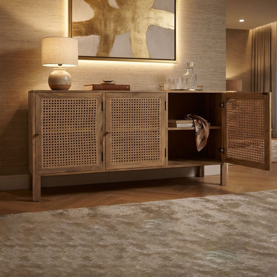 Pacifica Mango Wood Weaved Cane 3 Door Cabinet - Natural