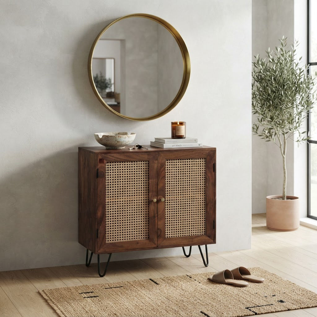 Palma Acacia Wood Weaved Cane Cabinet With Hair Pin Legs