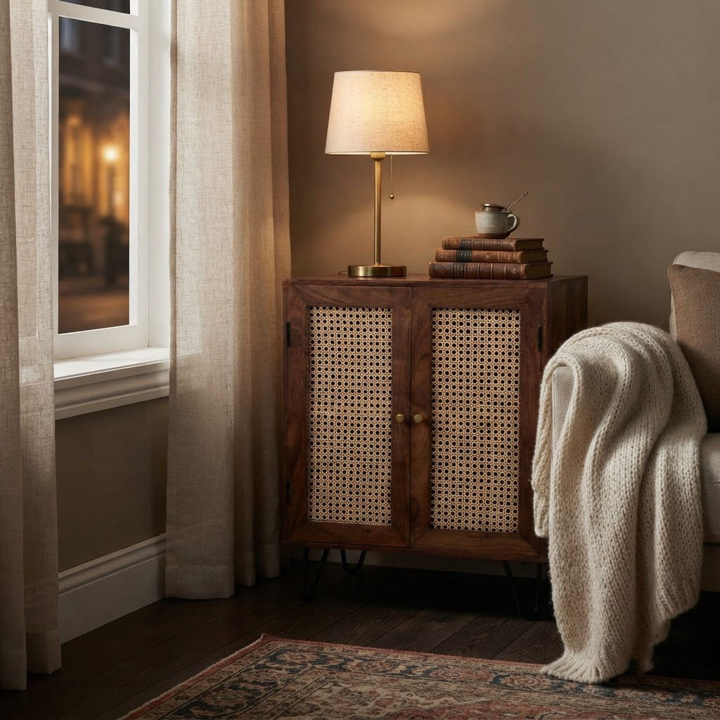 Palma Acacia Wood Weaved Cane Cabinet With Hair Pin Legs