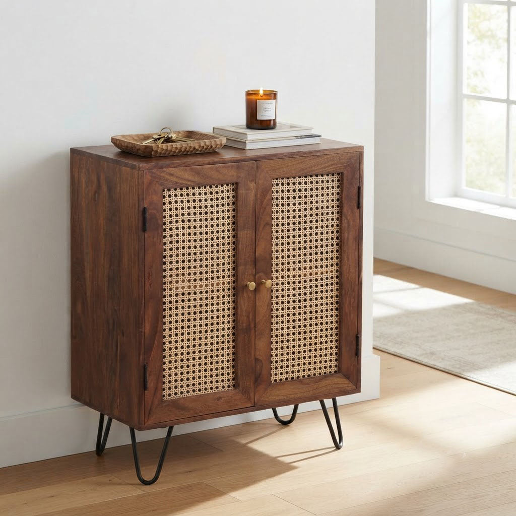Palma Acacia Wood Weaved Cane Cabinet With Hair Pin Legs