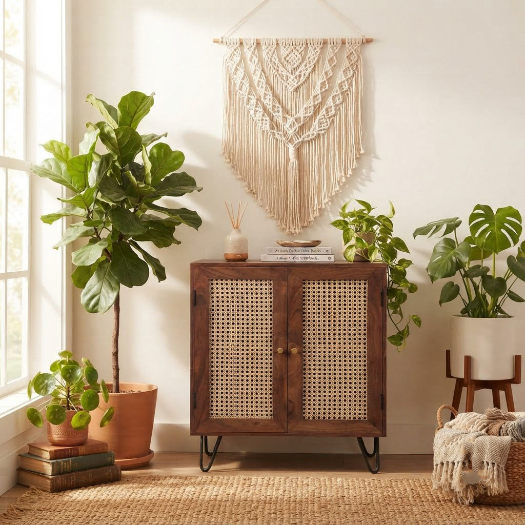 Palma Acacia Wood Weaved Cane Cabinet With Hair Pin Legs