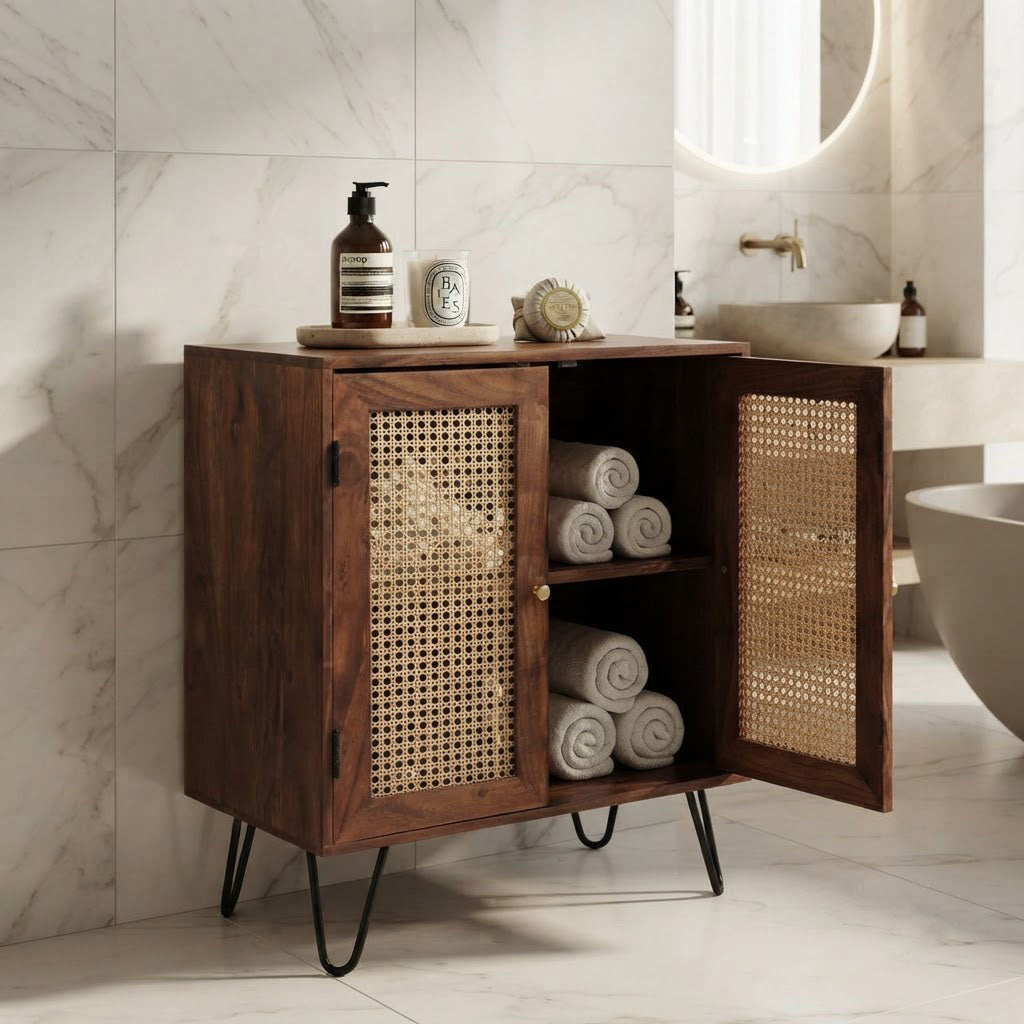 Palma Acacia Wood Weaved Cane Cabinet With Hair Pin Legs