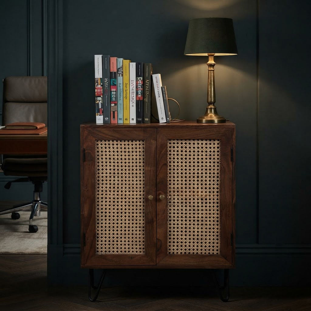 Palma Acacia Wood Weaved Cane Cabinet With Hair Pin Legs