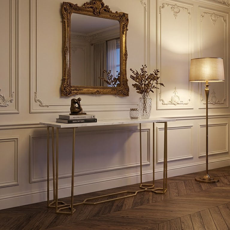 Queens Bridge Marble Top Console Table - Gold Iron