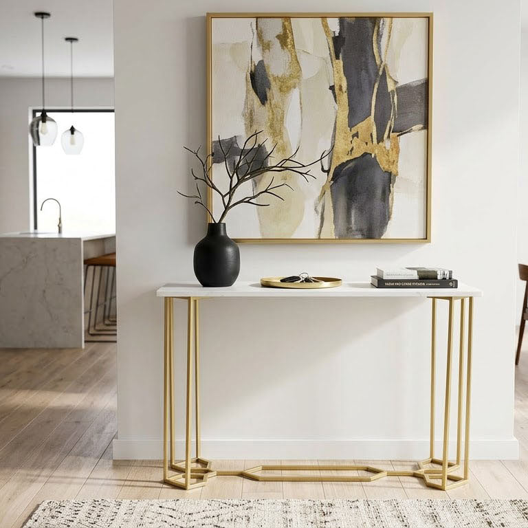 Queens Bridge Marble Top Console Table - Gold Iron