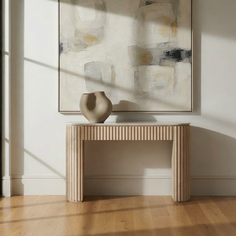 Reed Travertine Marble Top 2 Drawer Console Table
