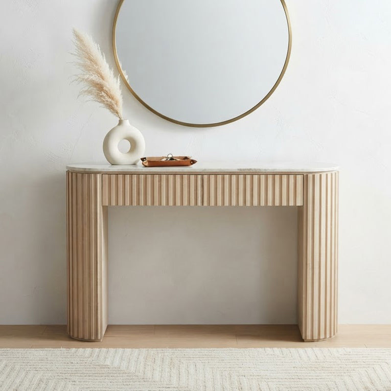 Reed Travertine Marble Top 2 Drawer Console Table