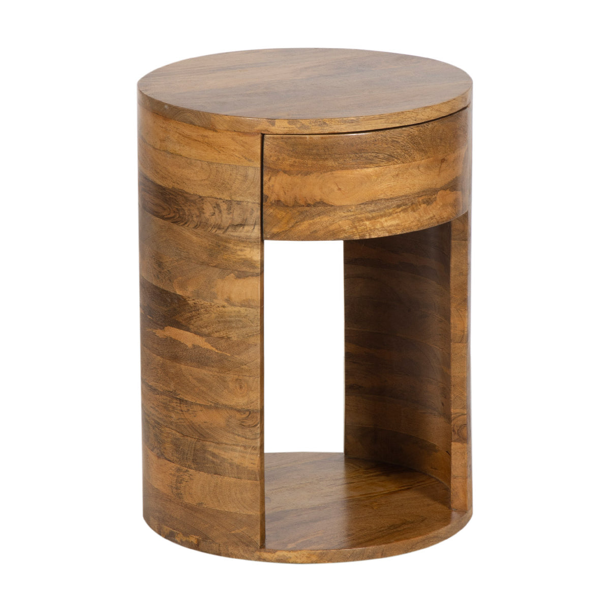 Rondo Mango Wood 1 Drawer Round Side Table - Cognac