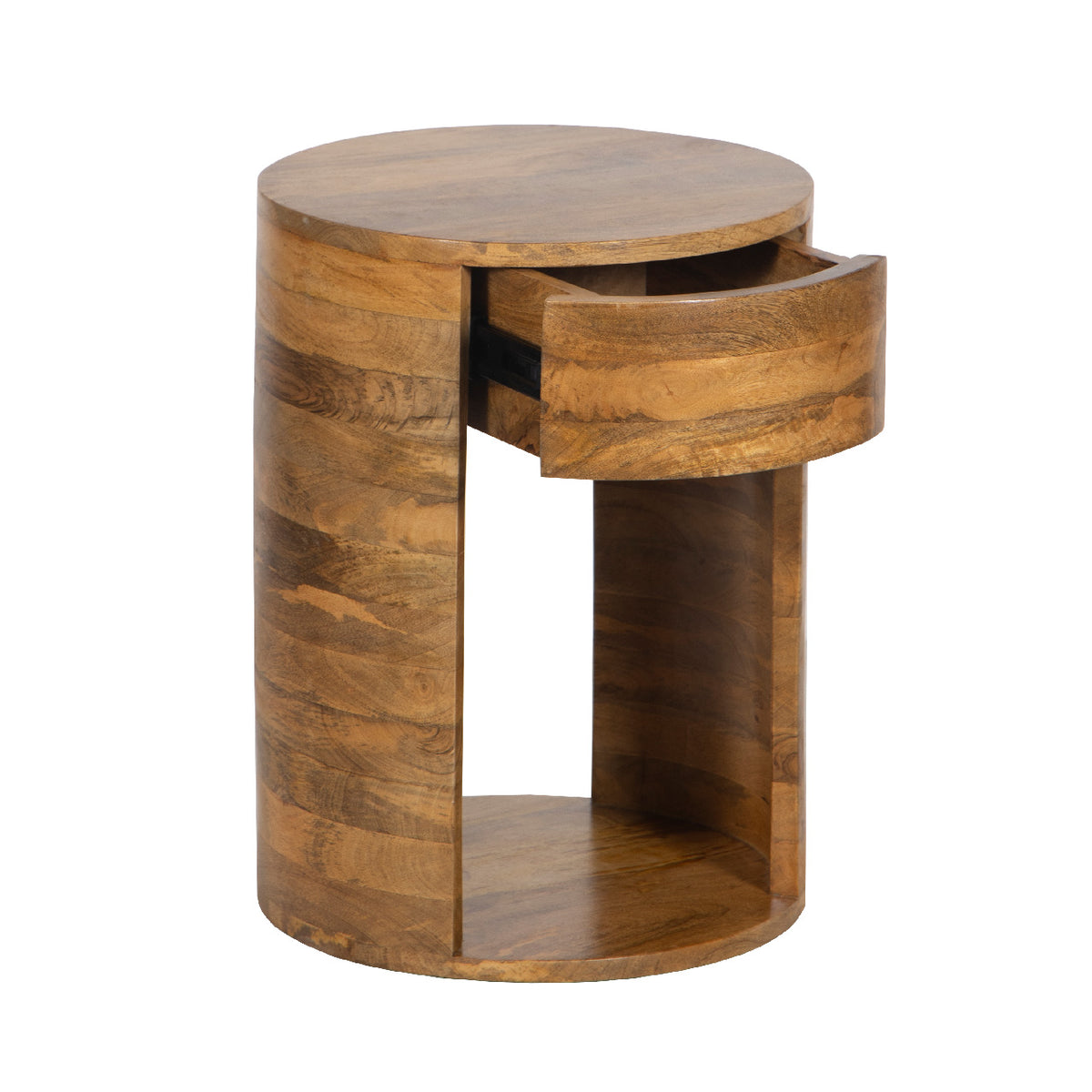 Rondo Mango Wood 1 Drawer Round Side Table - Cognac