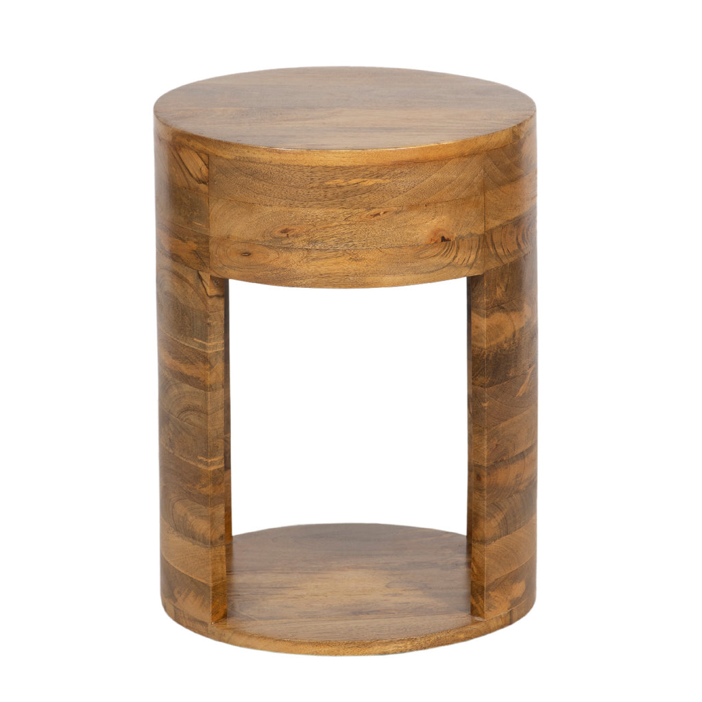 Rondo Mango Wood 1 Drawer Round Side Table - Cognac