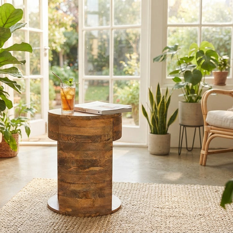 Rondo Mango Wood 1 Drawer Round Side Table - Cognac