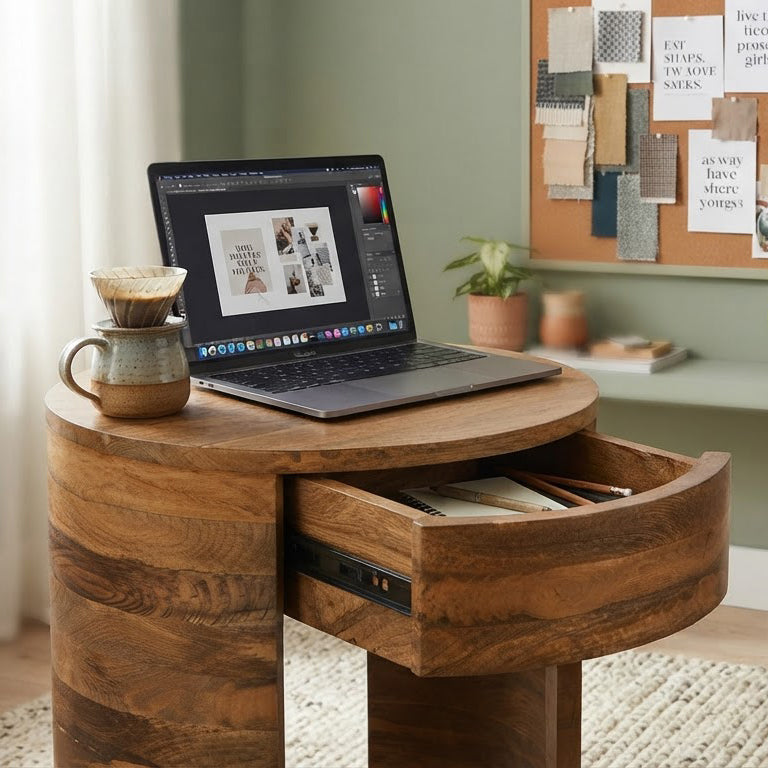 Rondo Mango Wood 1 Drawer Round Side Table - Cognac