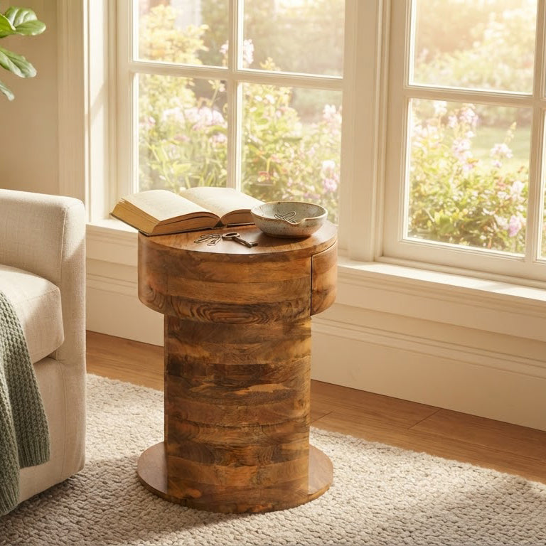 Rondo Mango Wood 1 Drawer Round Side Table - Cognac