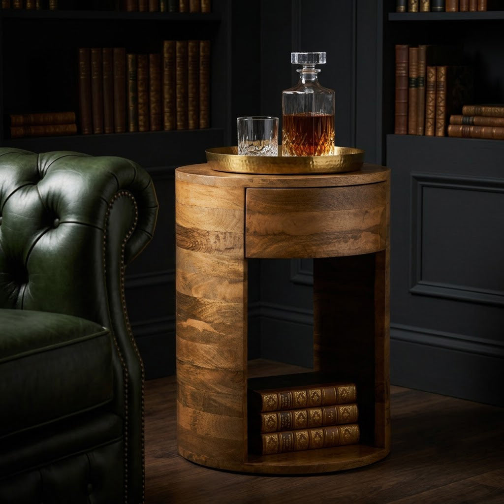 Rondo Mango Wood 1 Drawer Round Side Table - Cognac
