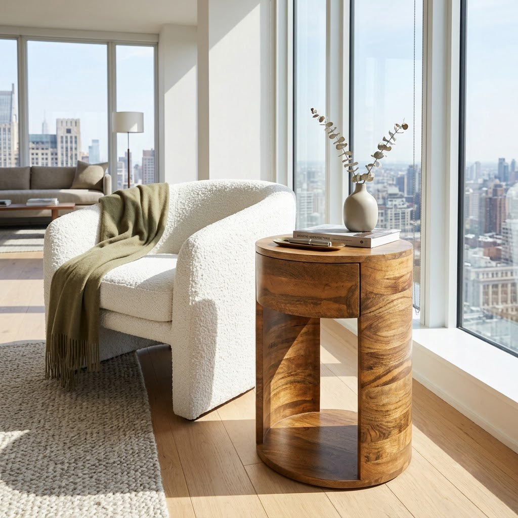 Rondo Mango Wood 1 Drawer Round Side Table - Cognac