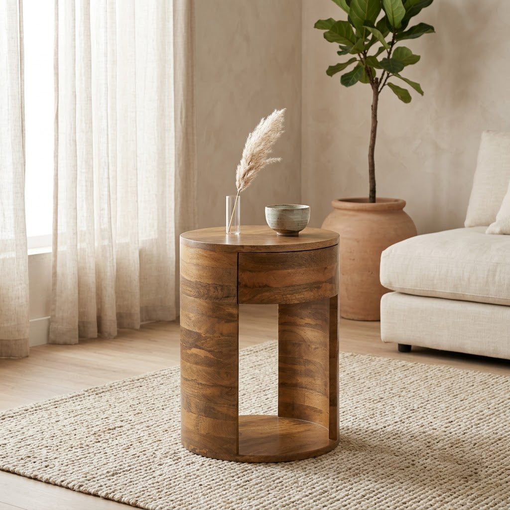 Rondo Mango Wood 1 Drawer Round Side Table - Cognac