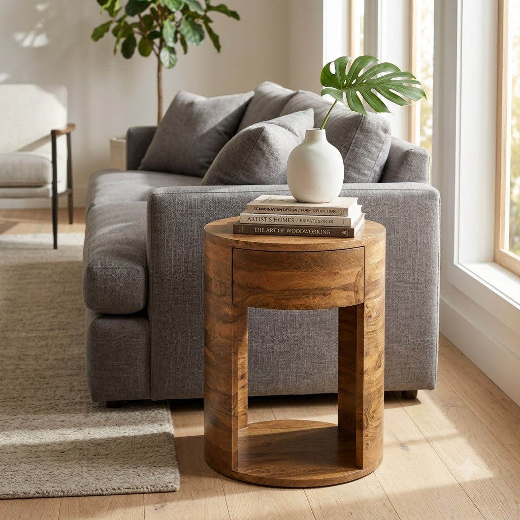 Rondo Mango Wood 1 Drawer Round Side Table - Cognac