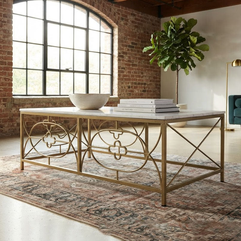 Rouge Marble Top Coffee Table - Gold Iron