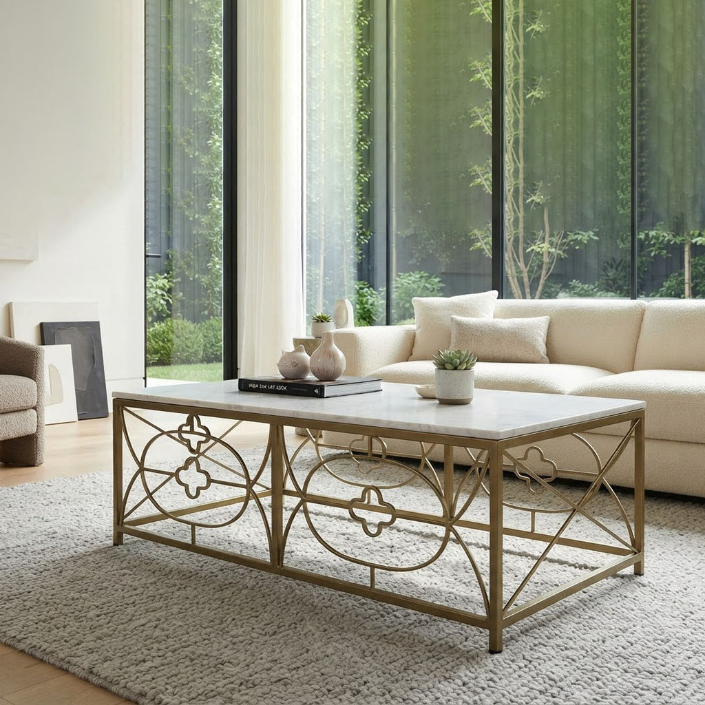 Rouge Marble Top Coffee Table - Gold Iron