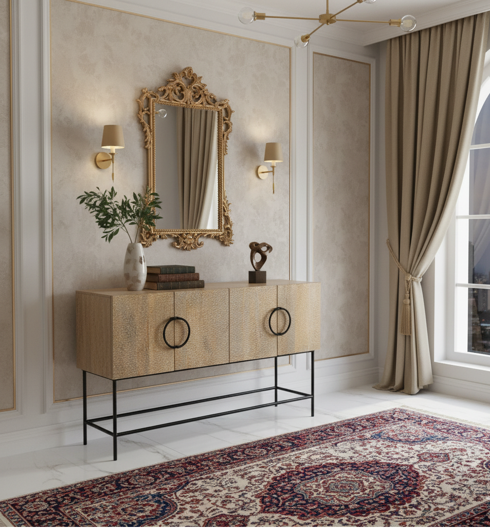 Roya Mango Wood Metal Stand 4 Door Cabinet