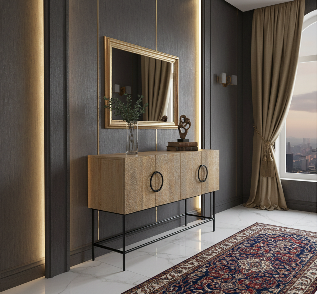 Roya Mango Wood Metal Stand 4 Door Cabinet