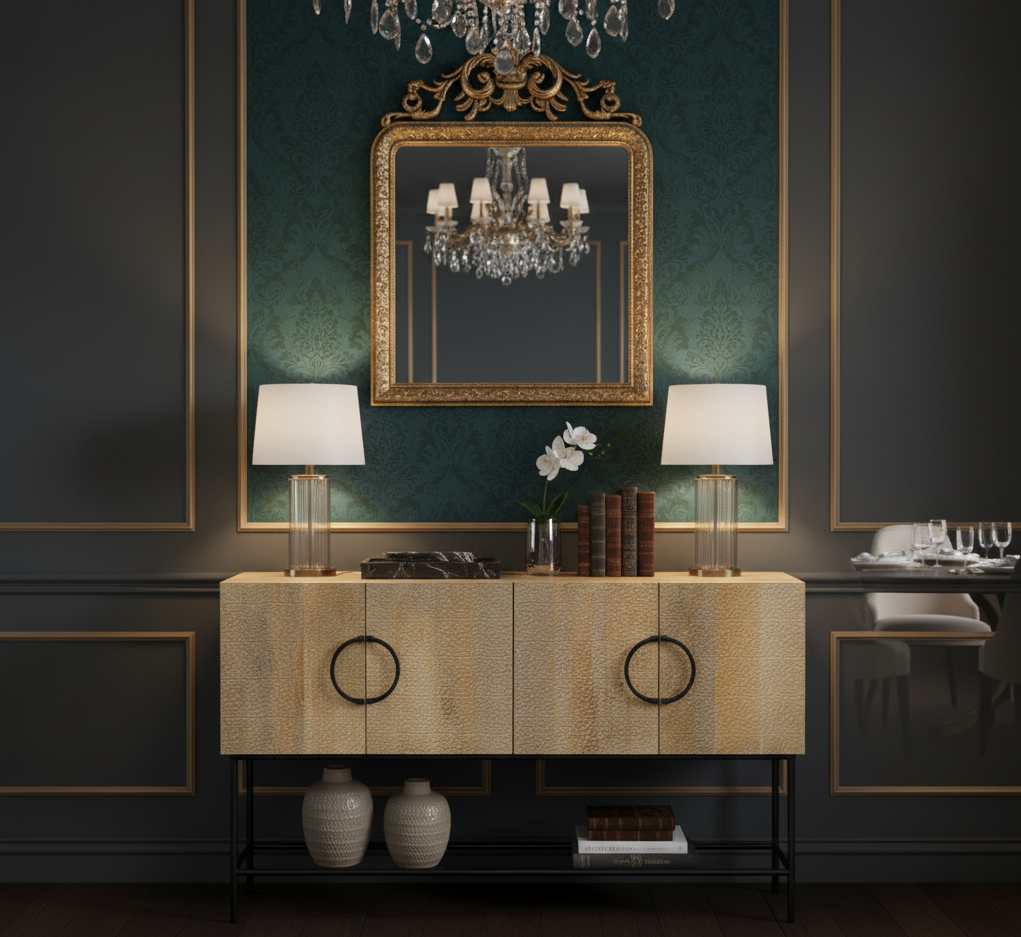 Roya Mango Wood Metal Stand 4 Door Cabinet