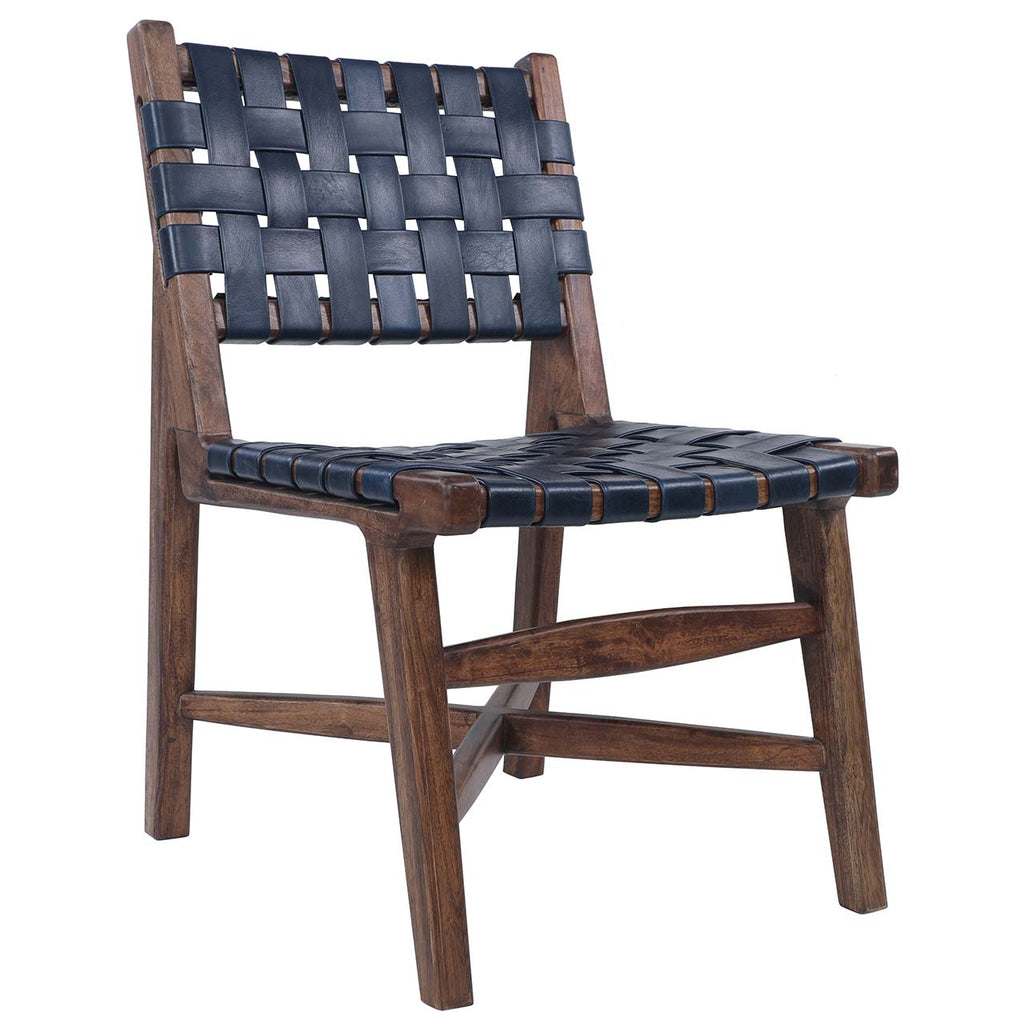 Santana Mango Wood Dining Chair - Washed Walnut / Navy Blue Leather