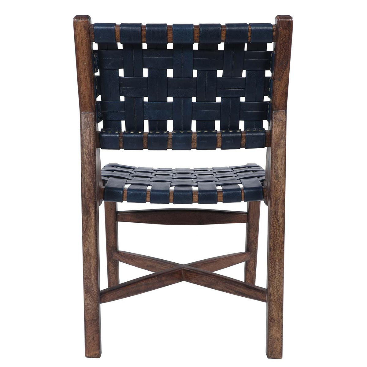 Santana Mango Wood Dining Chair - Washed Walnut / Navy Blue Leather