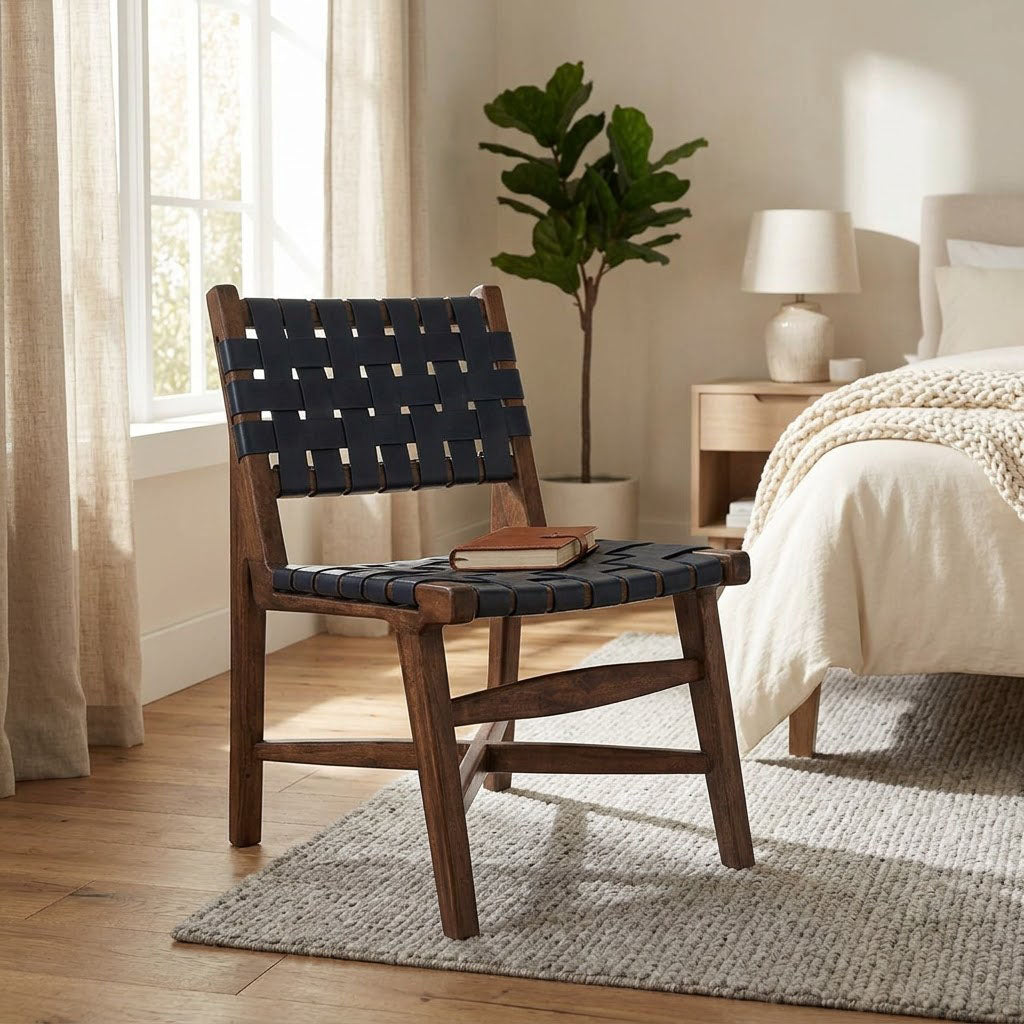 Santana Mango Wood Dining Chair - Washed Walnut / Navy Blue Leather