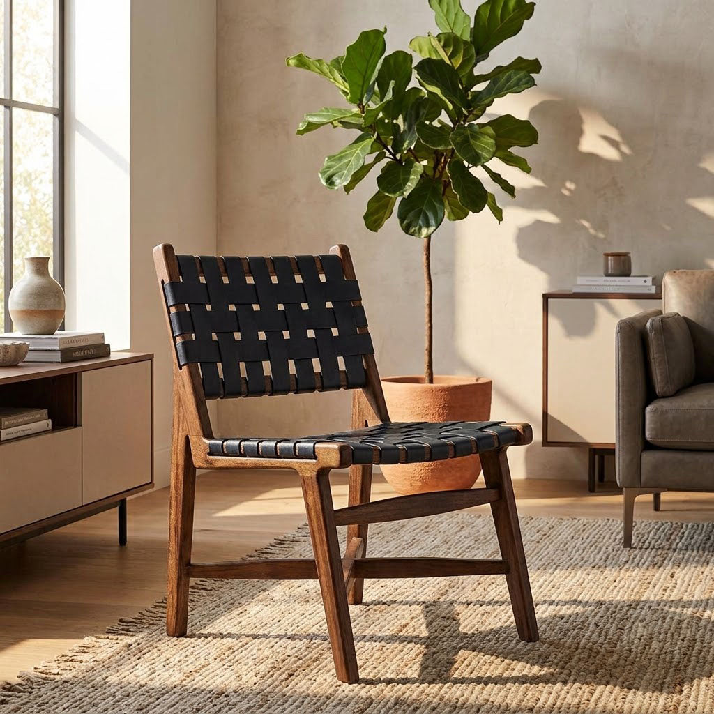 Santana Mango Wood Dining Chair - Washed Walnut / Navy Blue Leather