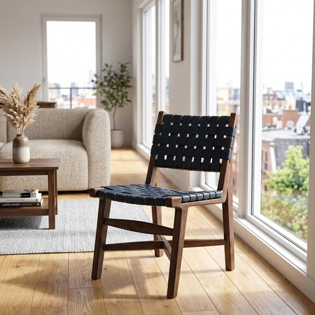 Santana Mango Wood Dining Chair - Washed Walnut / Navy Blue Leather