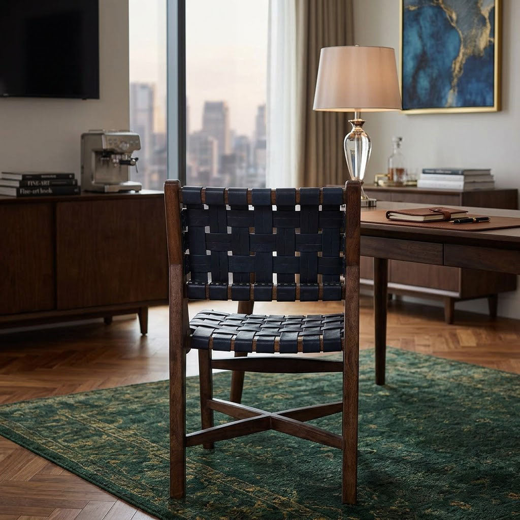 Santana Mango Wood Dining Chair - Washed Walnut / Navy Blue Leather