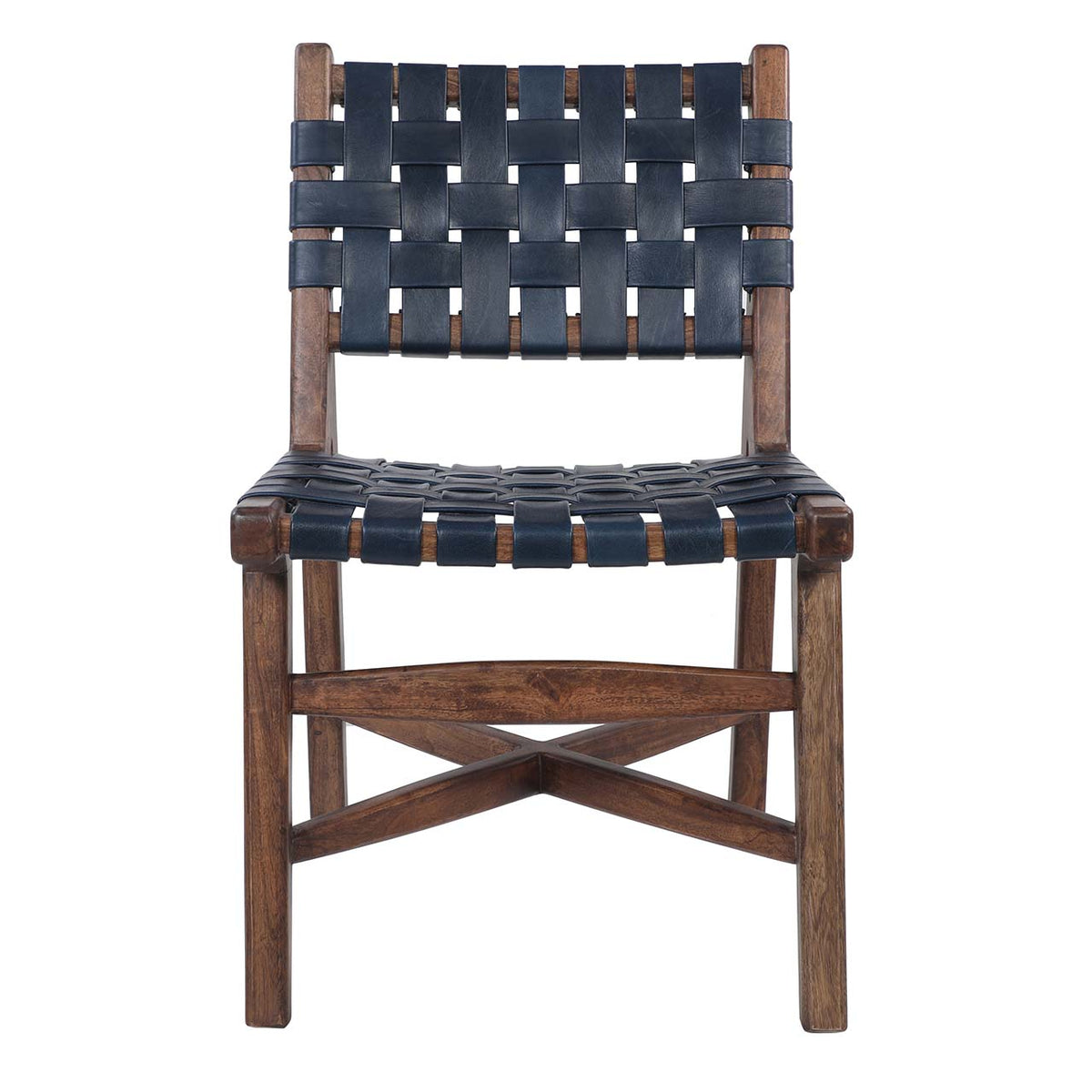 Santana Mango Wood Dining Chair - Washed Walnut / Navy Blue Leather