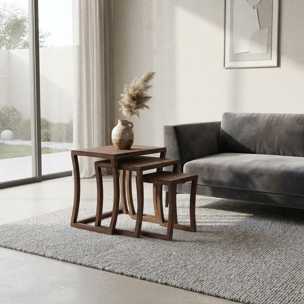 Sanya Acacia Wood Set Of 3 Side Tables - Slate Grey