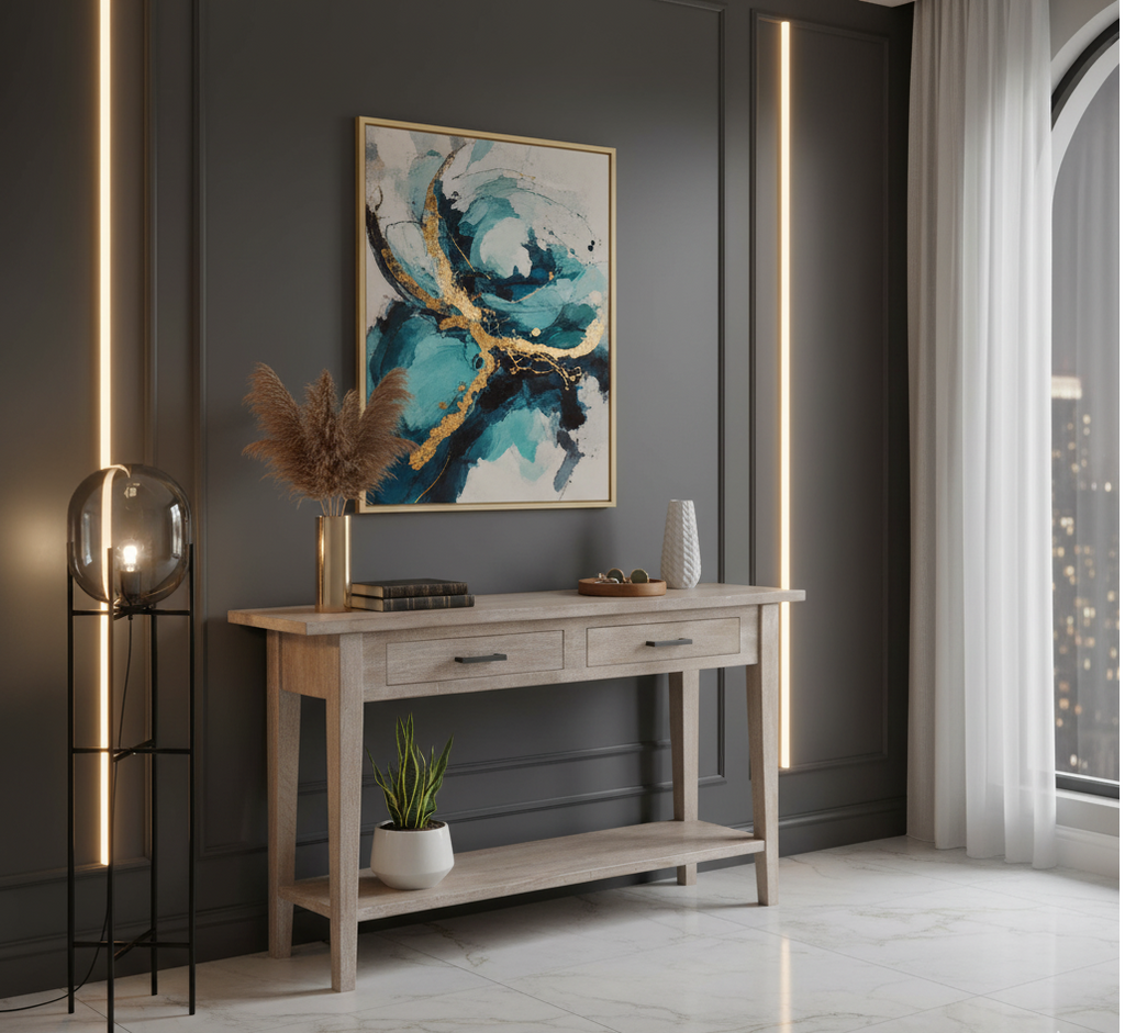 Skinney Mango Wood Console Table With 2 Drawers