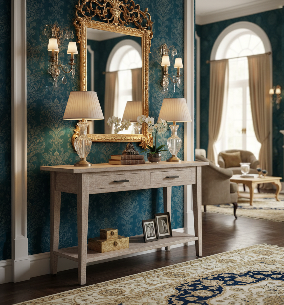 Skinney Mango Wood Console Table With 2 Drawers