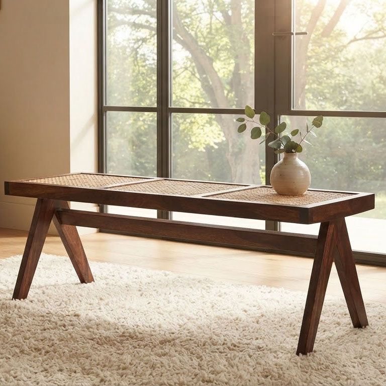 Solana Acacia Wood Weaved Cane Bench - Washed Walnut